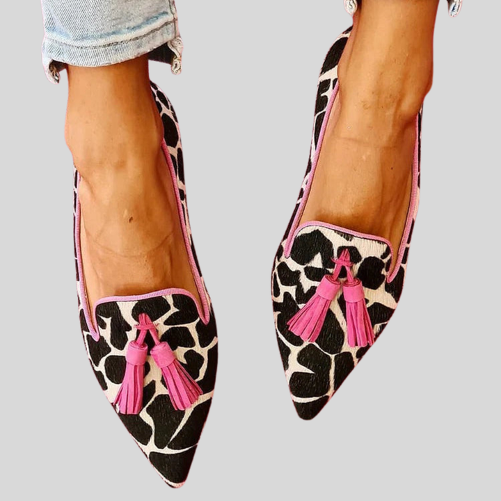 Lydia | Pointed Toe Tassel Loafers with Pattern Detail
