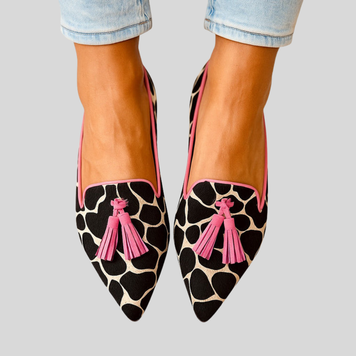 Lydia | Pointed Toe Tassel Loafers with Pattern Detail