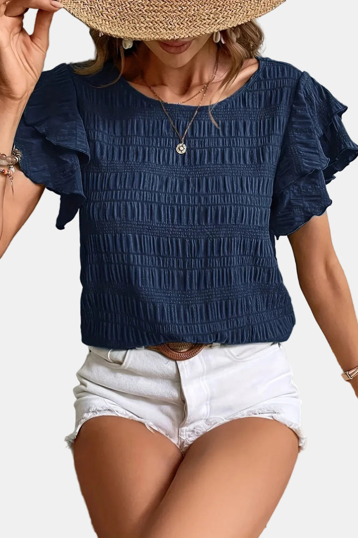 Ainsleya | Smocked Ruffle Sleeve Top with Round Neck