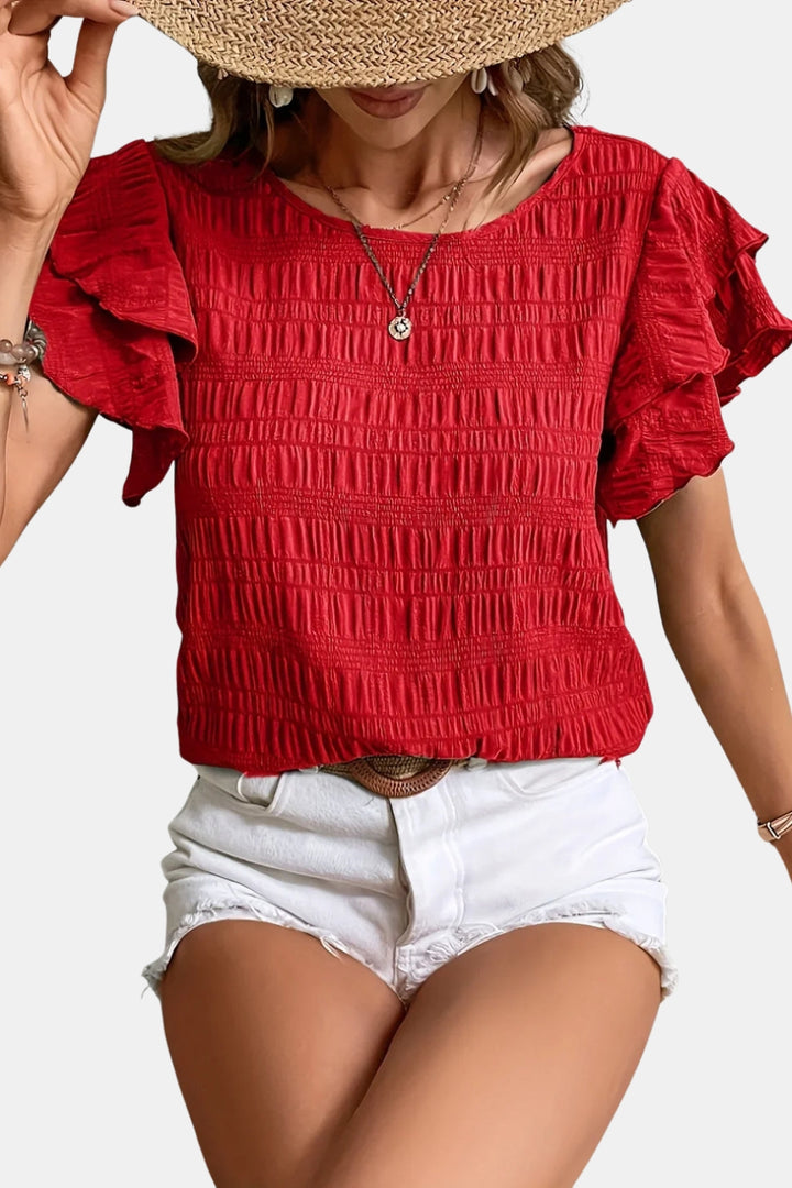 Ainsleya | Smocked Ruffle Sleeve Top with Round Neck