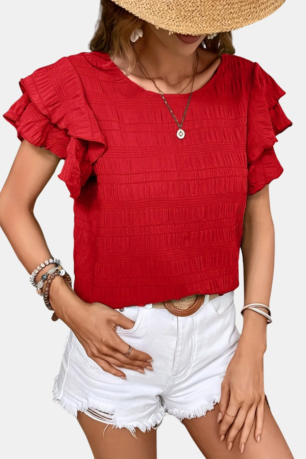 Ainsleya | Smocked Ruffle Sleeve Top with Round Neck