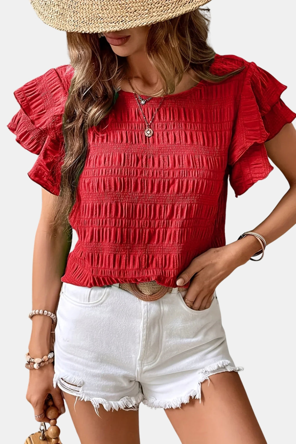 Ainsleya | Smocked Ruffle Sleeve Top with Round Neck