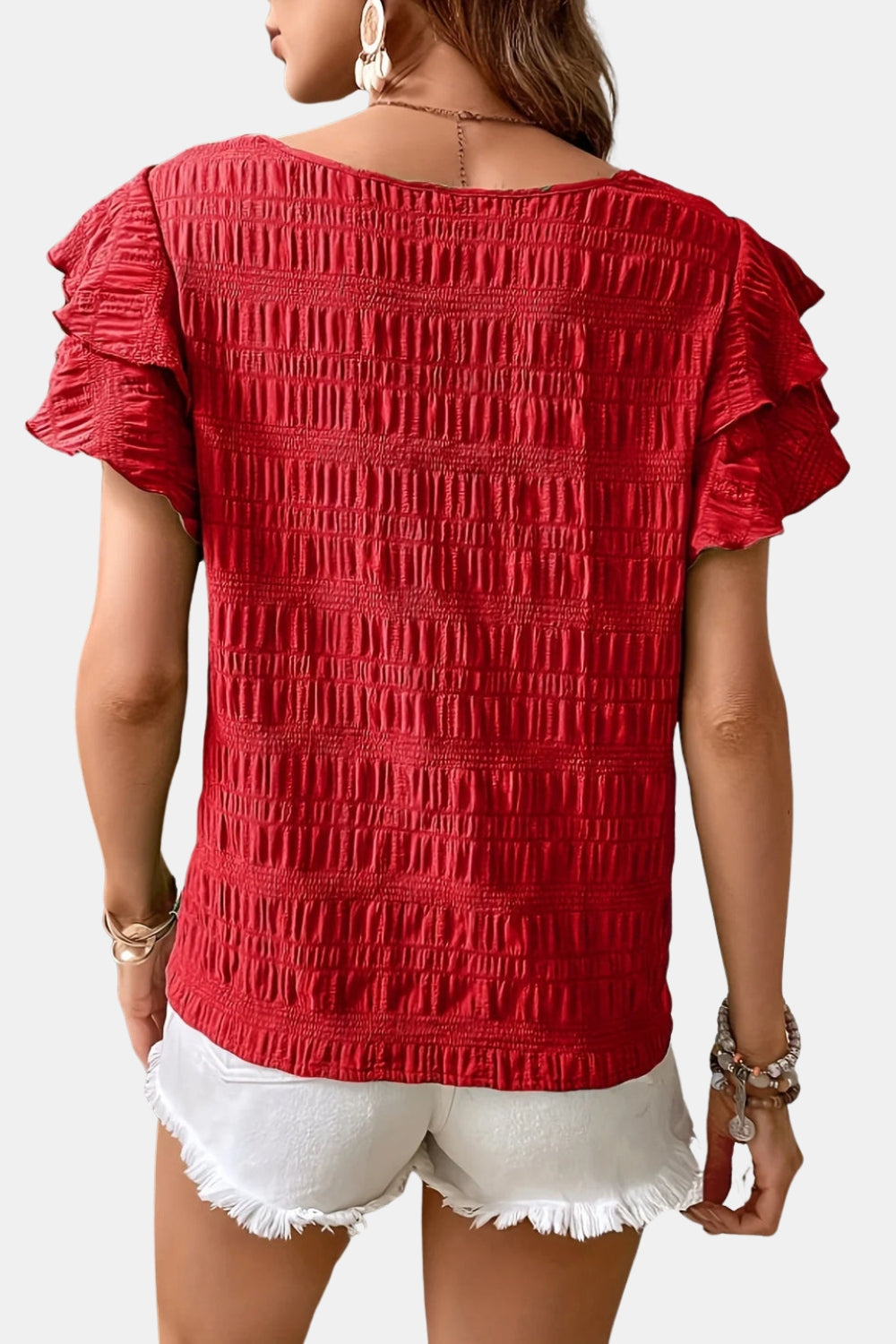 Ainsleya | Smocked Ruffle Sleeve Top with Round Neck