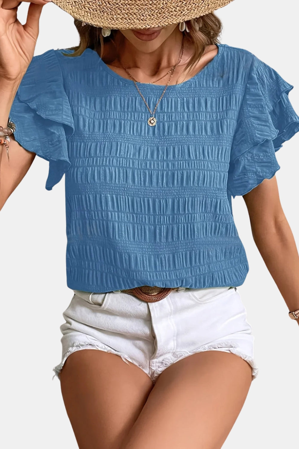 Ainsleya | Smocked Ruffle Sleeve Top with Round Neck