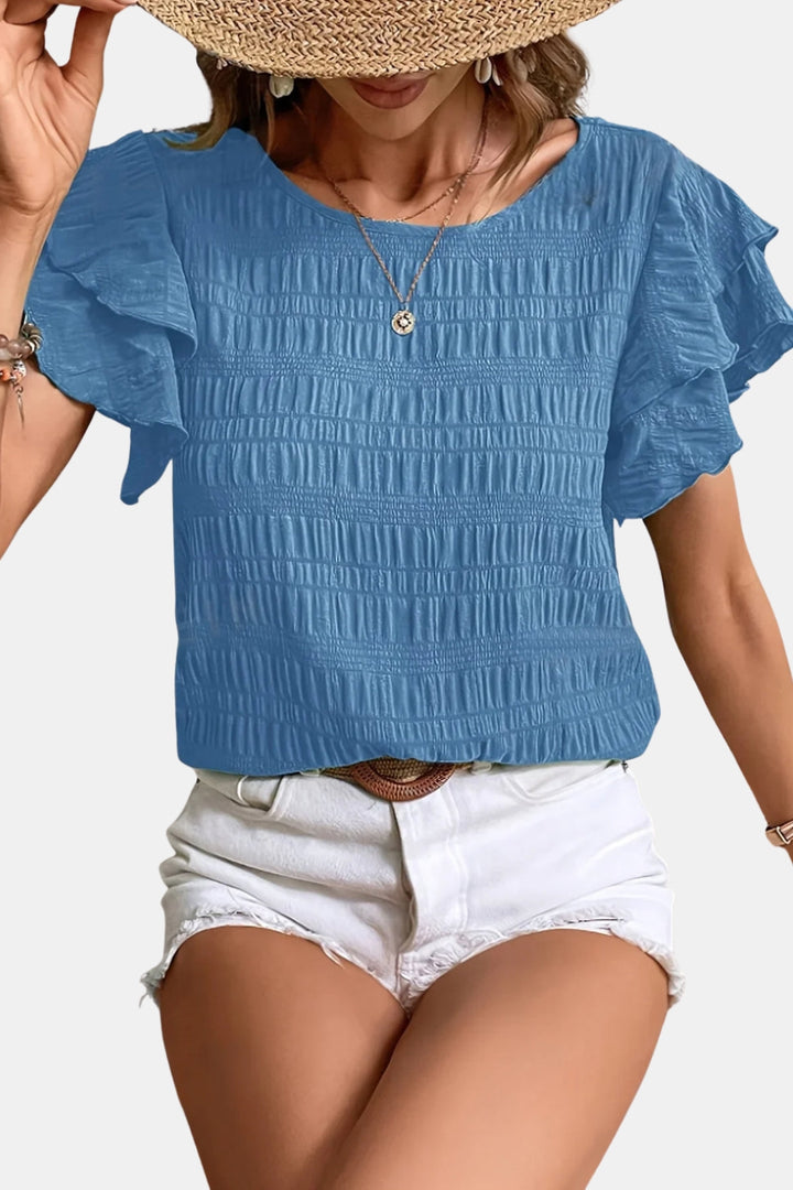 Ainsleya | Smocked Ruffle Sleeve Top with Round Neck