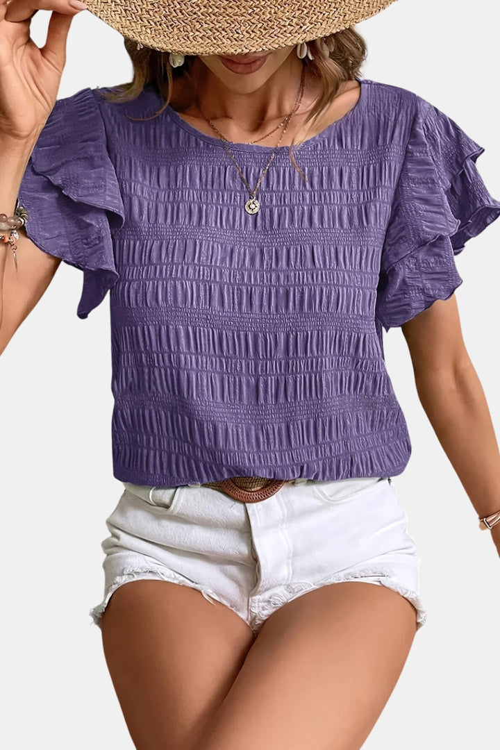 Ainsleya | Smocked Ruffle Sleeve Top with Round Neck