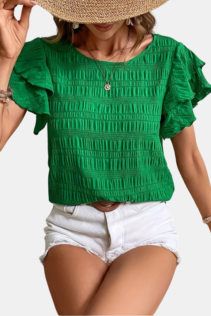 Ainsleya | Smocked Ruffle Sleeve Top with Round Neck