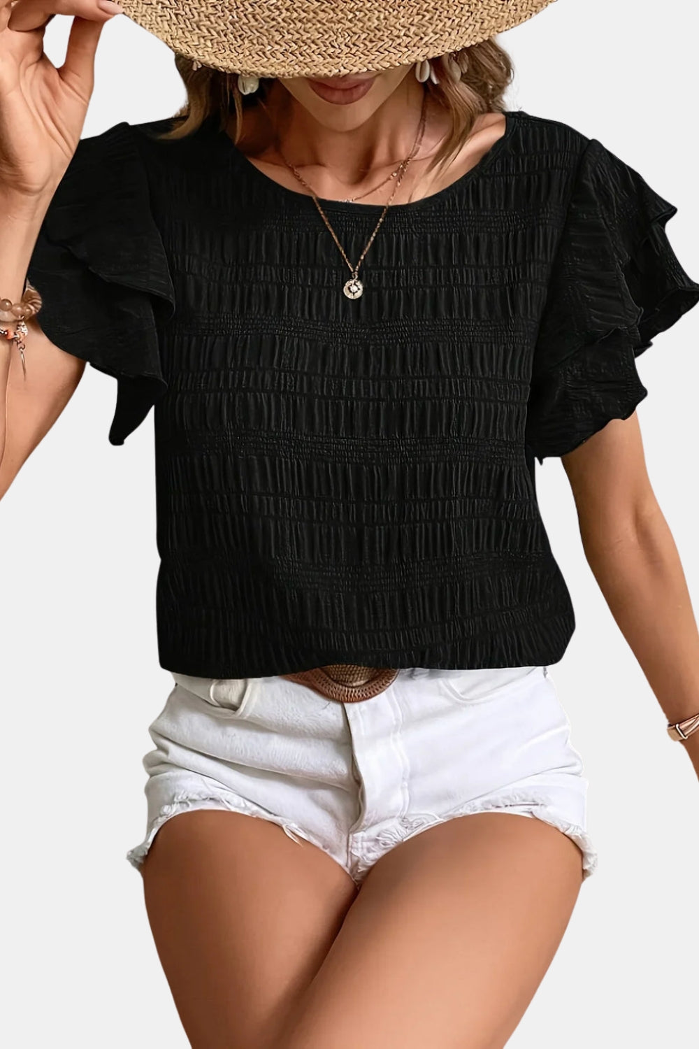 Ainsleya | Smocked Ruffle Sleeve Top with Round Neck