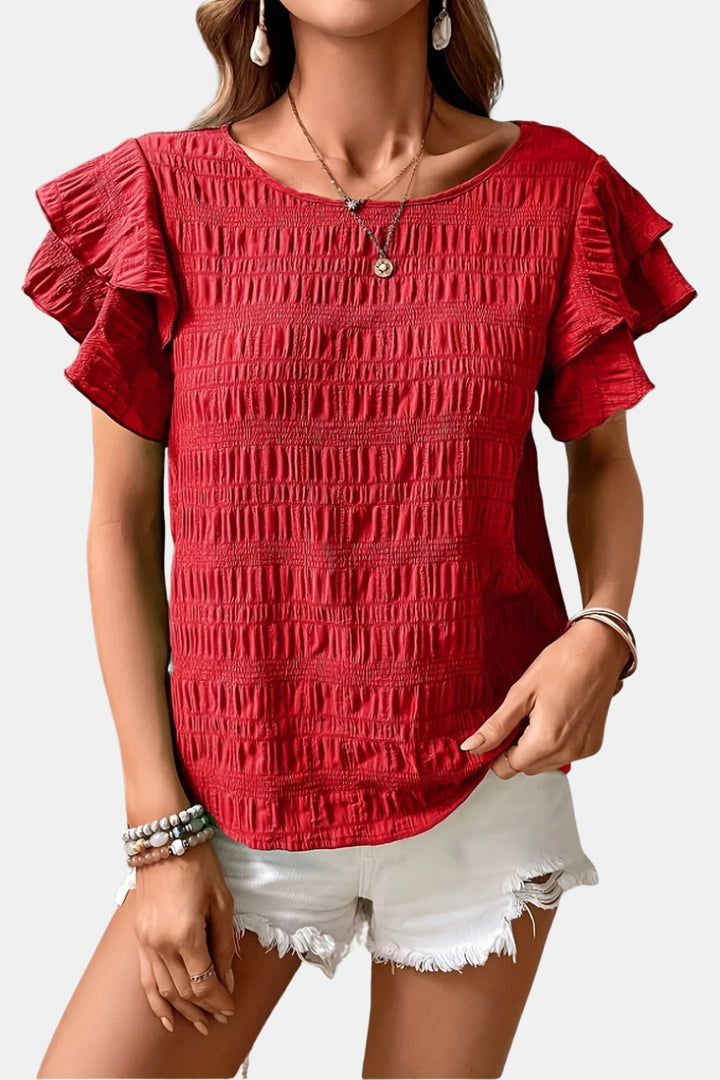 Ainsleya | Smocked Ruffle Sleeve Top with Round Neck