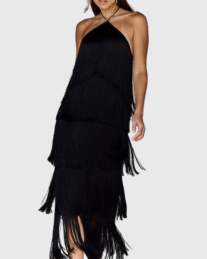 Almyra | Halter Fringe Midi Dress with Tiered Design