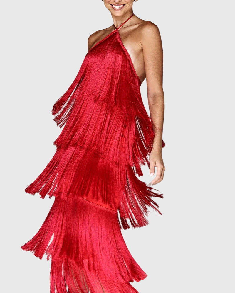 Almyra | Halter Fringe Midi Dress with Tiered Design