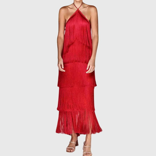 Almyra | Halter Fringe Midi Dress with Tiered Design