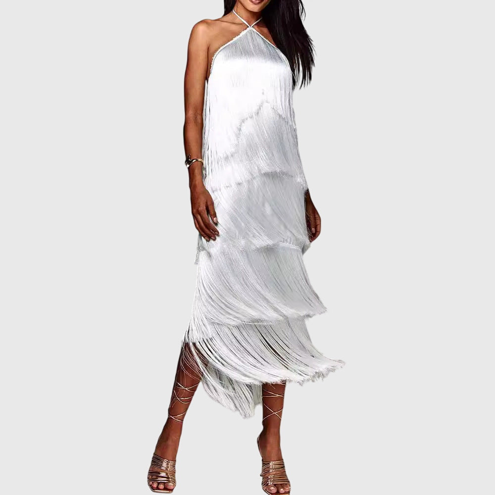 Almyra | Halter Fringe Midi Dress with Tiered Design