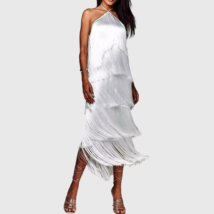 Almyra | Halter Fringe Midi Dress with Tiered Design