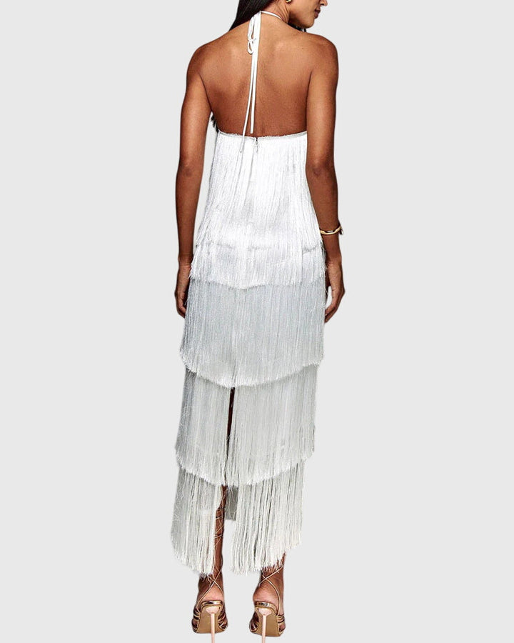 Almyra | Halter Fringe Midi Dress with Tiered Design