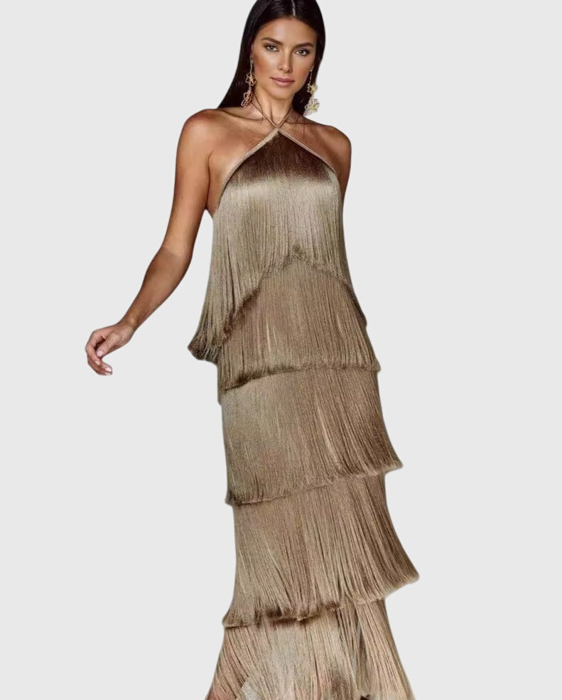 Almyra | Halter Fringe Midi Dress with Tiered Design