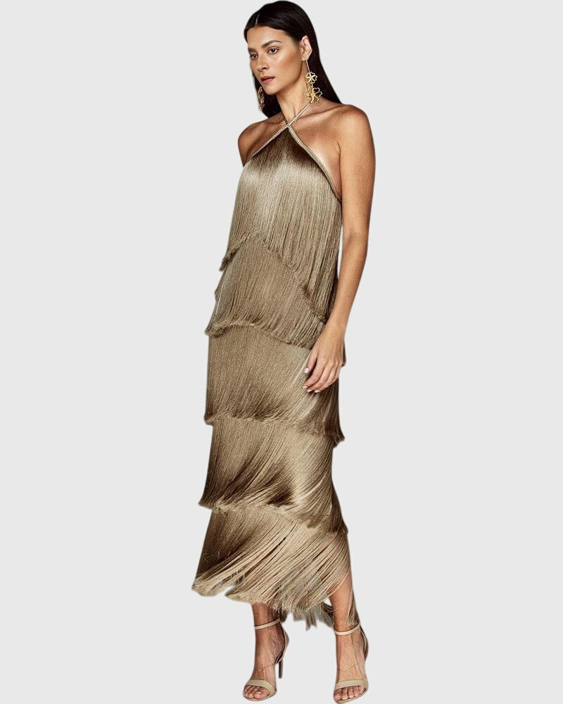 Almyra | Halter Fringe Midi Dress with Tiered Design