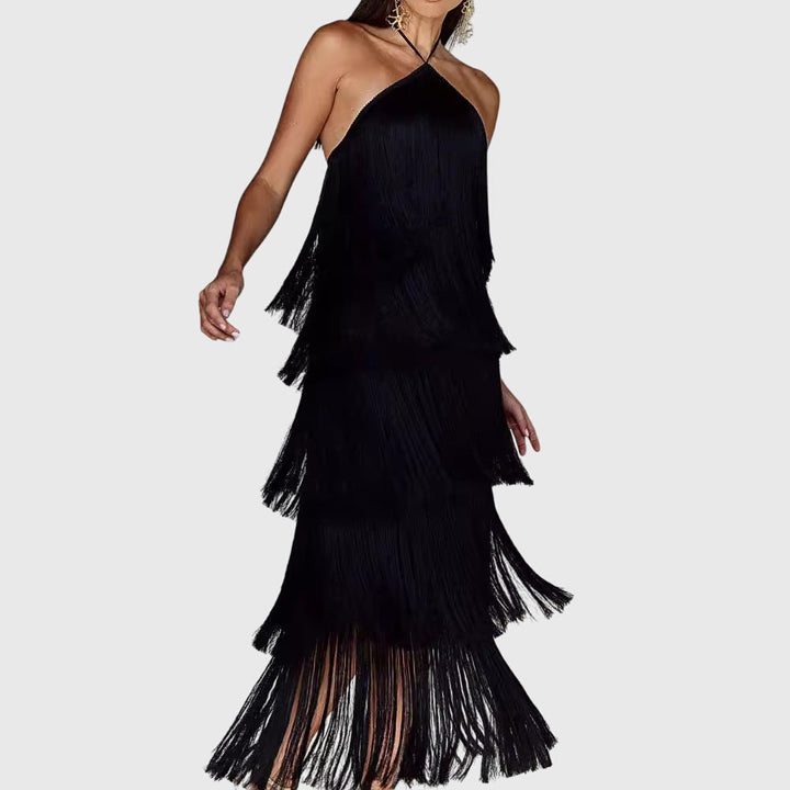 Almyra | Halter Fringe Midi Dress with Tiered Design