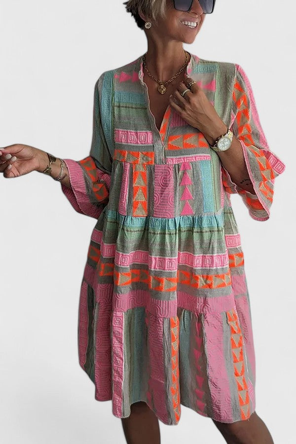 Alzoria | Printed Tiered Mini Dress with Split Neck
