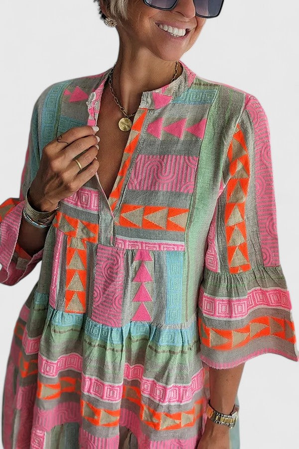 Alzoria | Printed Tiered Mini Dress with Split Neck