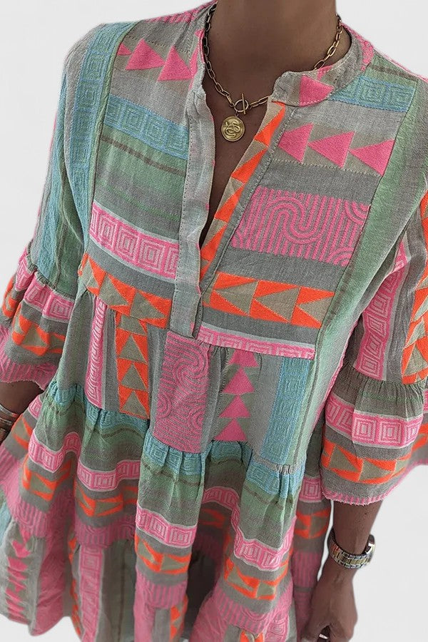 Alzoria | Printed Tiered Mini Dress with Split Neck