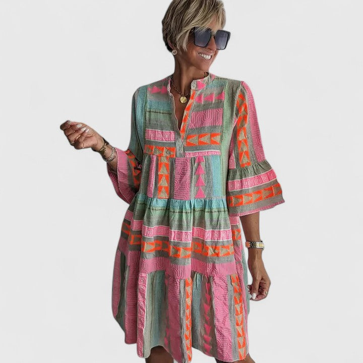 Alzoria | Printed Tiered Mini Dress with Split Neck