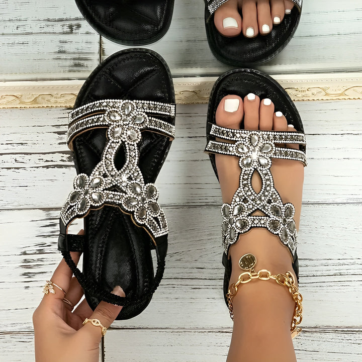 Annetta | Embellished T Strap Sandals with Rhinestone Detail