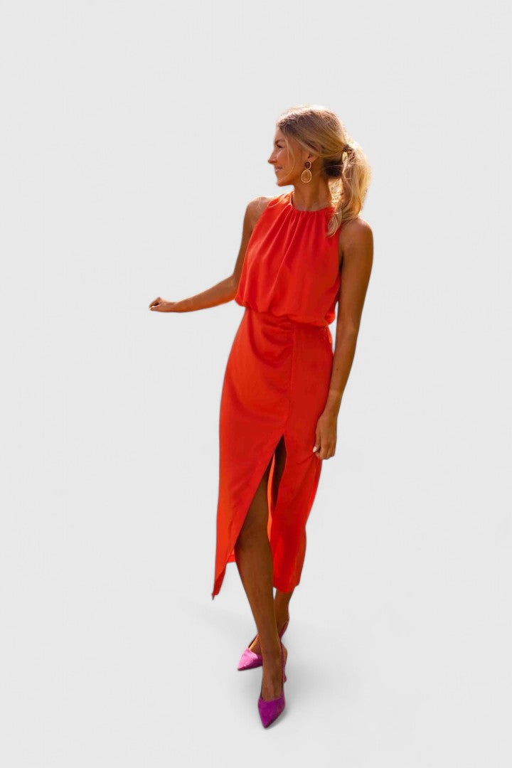 Arixelle | Elegant Halter Midi Dress with Side Slit