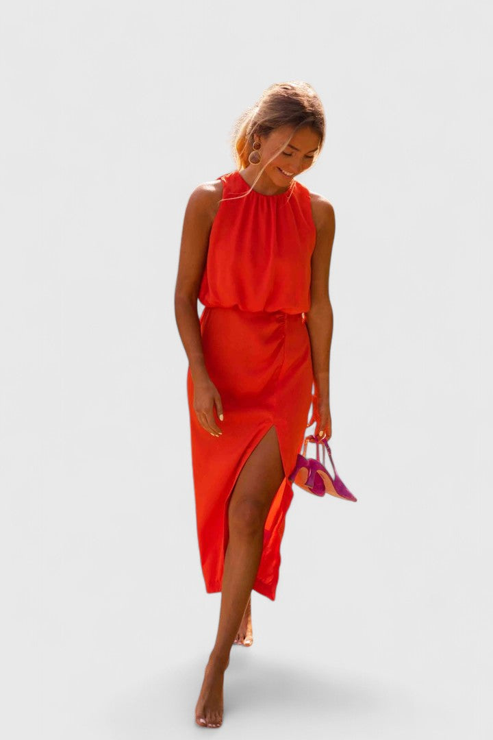 Arixelle | Elegant Halter Midi Dress with Side Slit