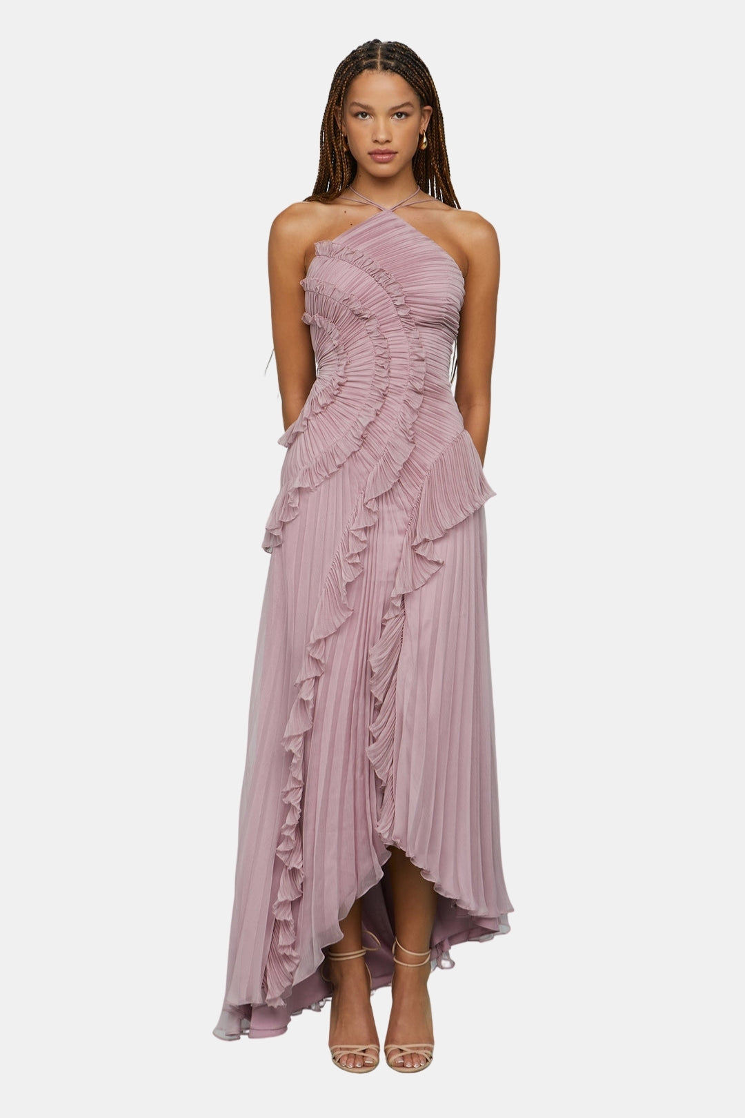 Arynvera | Elegant Pleated Halter Midi Dress with Ruffle Detail