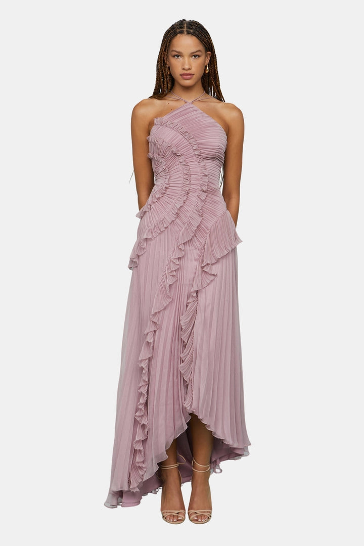 Arynvera | Elegant Pleated Halter Midi Dress with Ruffle Detail