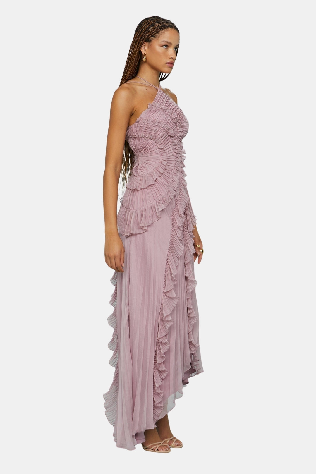 Arynvera | Elegant Pleated Halter Midi Dress with Ruffle Detail