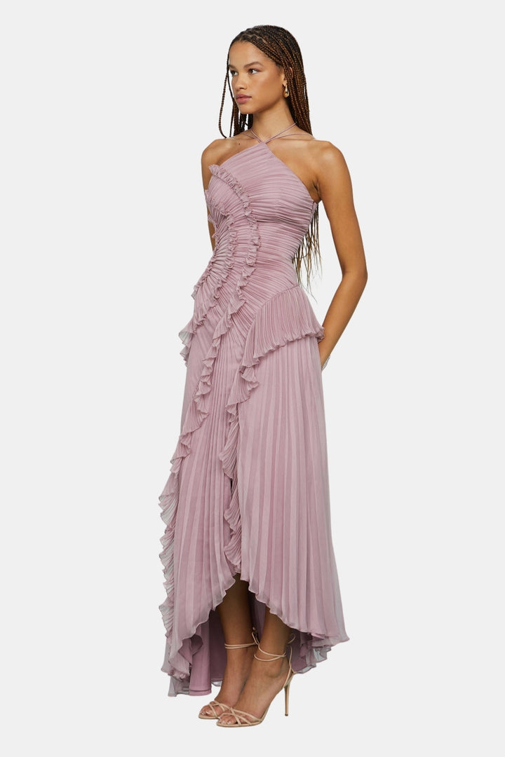Arynvera | Elegant Pleated Halter Midi Dress with Ruffle Detail