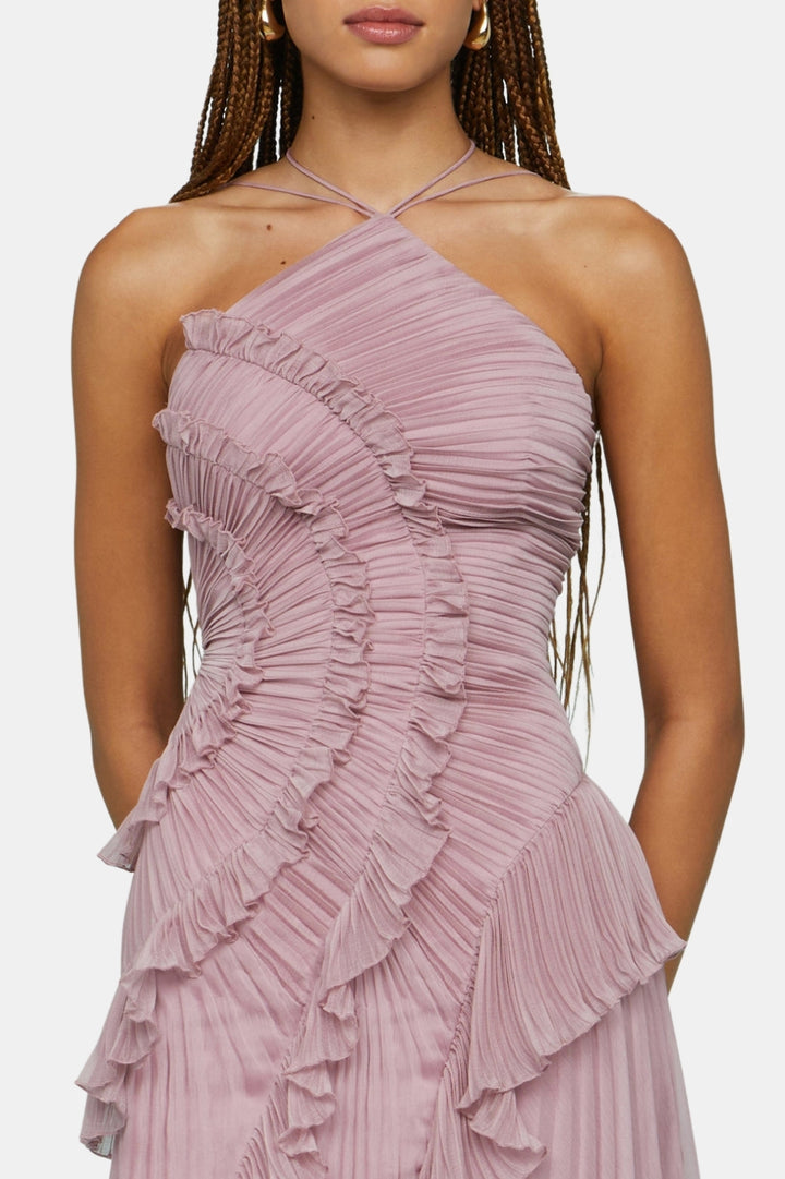 Arynvera | Elegant Pleated Halter Midi Dress with Ruffle Detail