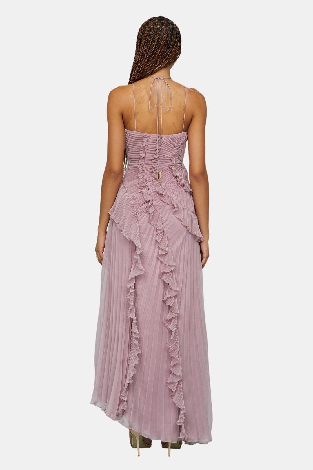 Arynvera | Elegant Pleated Halter Midi Dress with Ruffle Detail