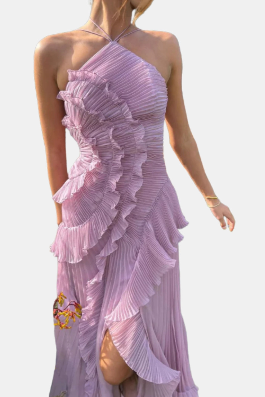 Arynvera | Elegant Pleated Halter Midi Dress with Ruffle Detail