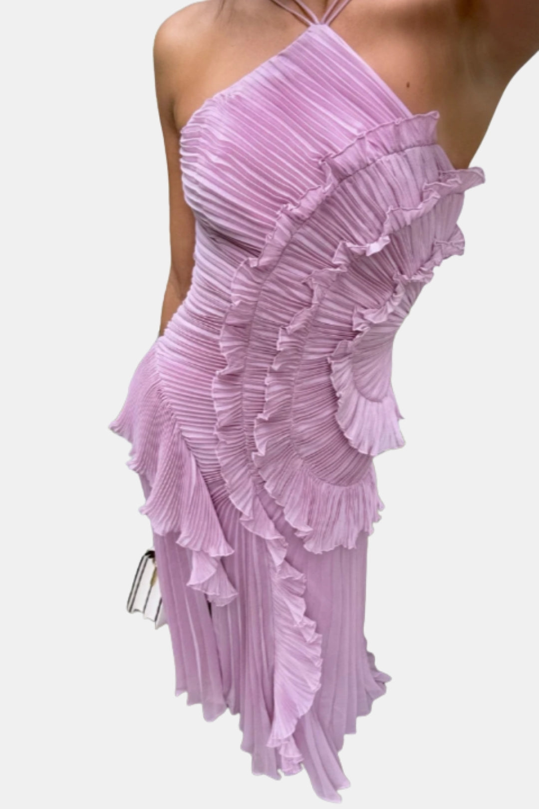 Arynvera | Elegant Pleated Halter Midi Dress with Ruffle Detail