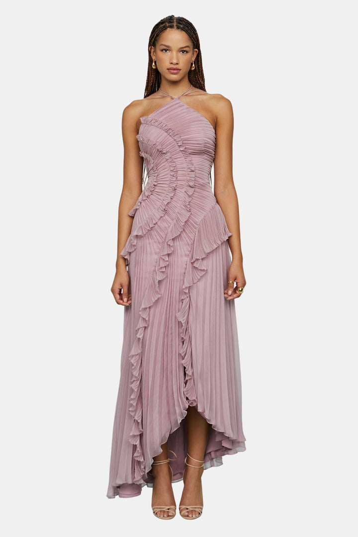 Arynvera | Elegant Pleated Halter Midi Dress with Ruffle Detail