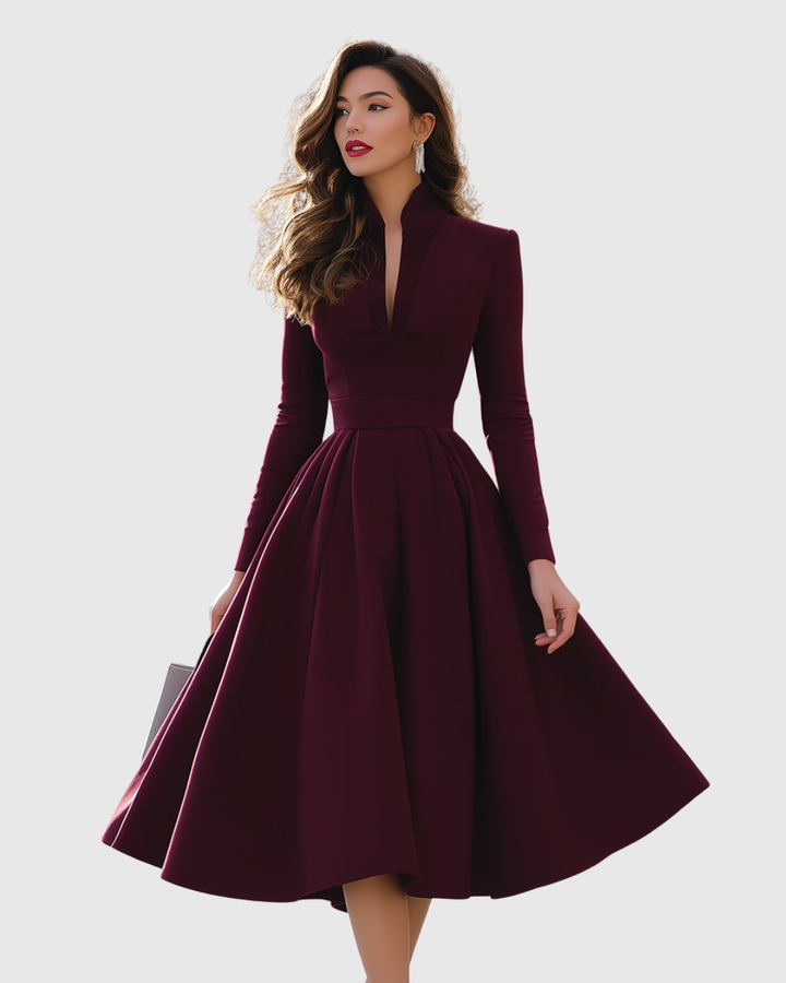 Avelyra | Elegant Fit and Flare Midi Dress with V-Neck