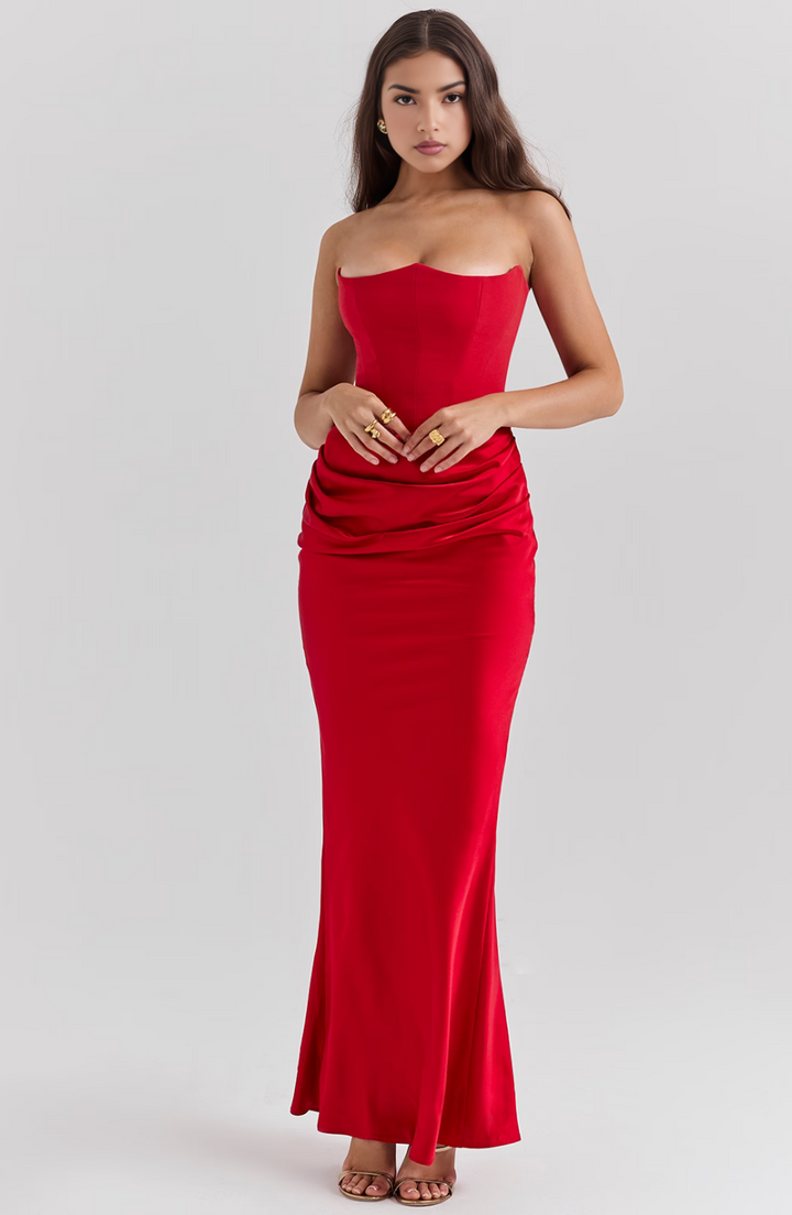 Avenzora | Wedding Guest Strapless Satin Maxi Dress with Draped Waist