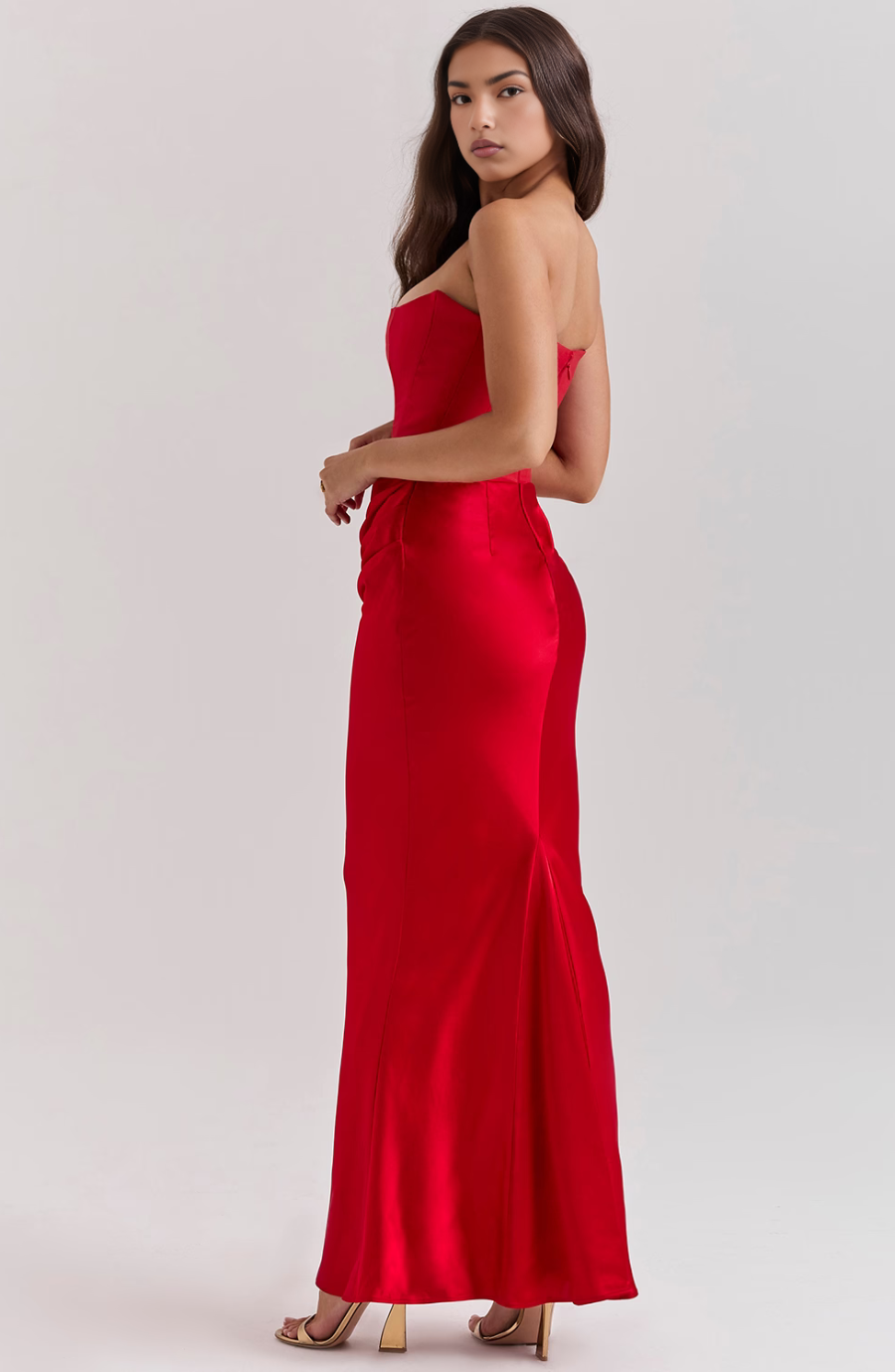 Avenzora | Wedding Guest Strapless Satin Maxi Dress with Draped Waist