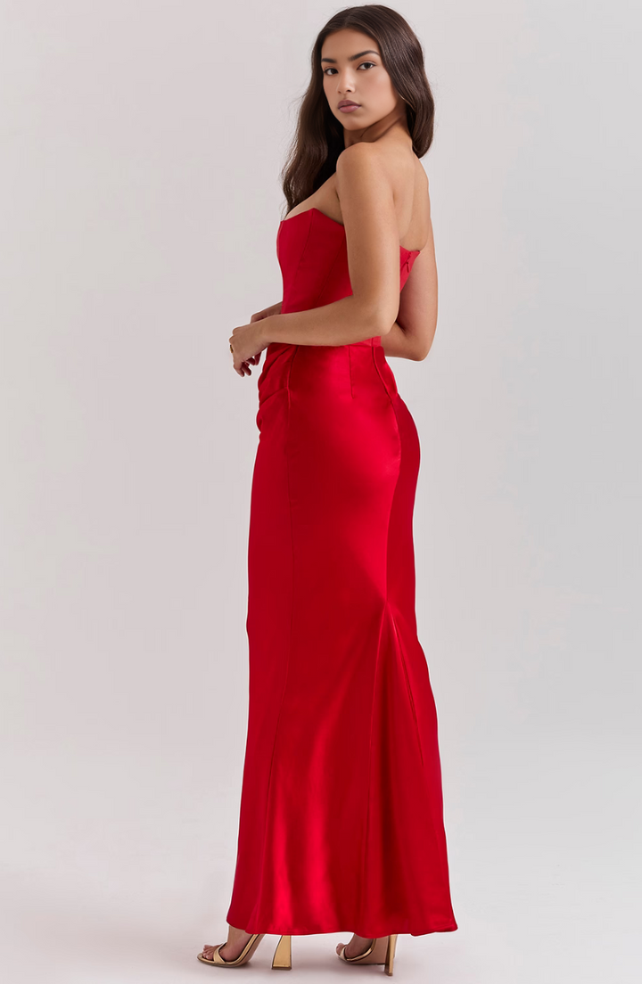 Avenzora | Wedding Guest Strapless Satin Maxi Dress with Draped Waist