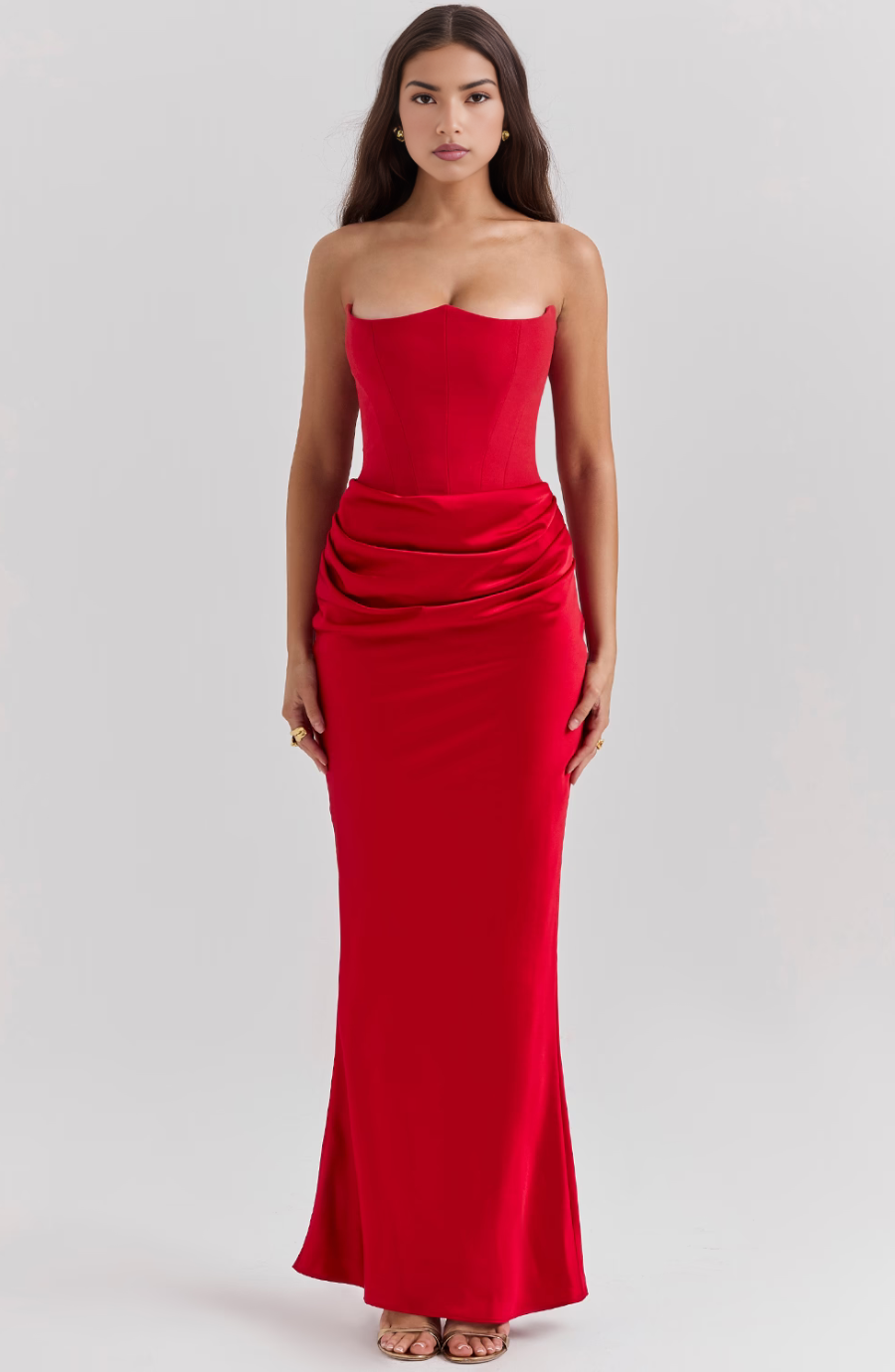 Avenzora | Wedding Guest Strapless Satin Maxi Dress with Draped Waist