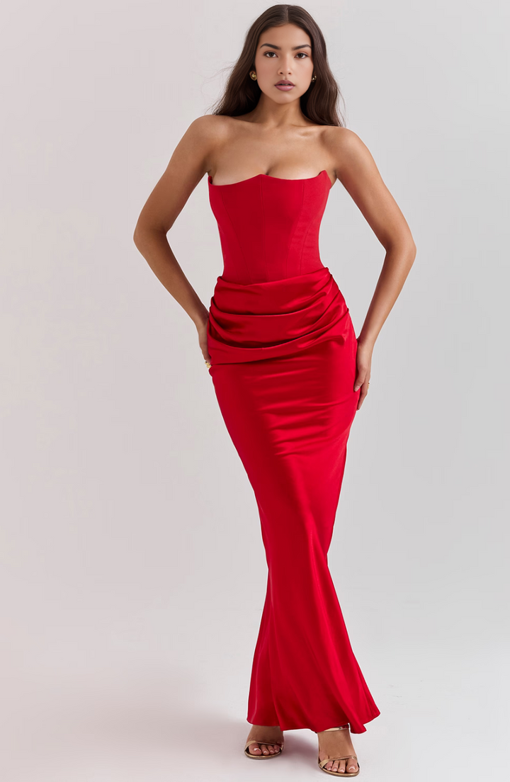 Avenzora | Wedding Guest Strapless Satin Maxi Dress with Draped Waist