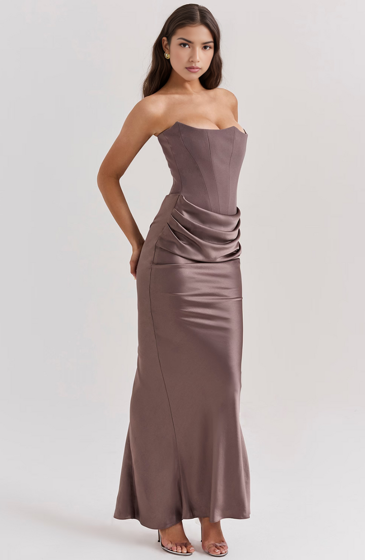 Avenzora | Wedding Guest Strapless Satin Maxi Dress with Draped Waist
