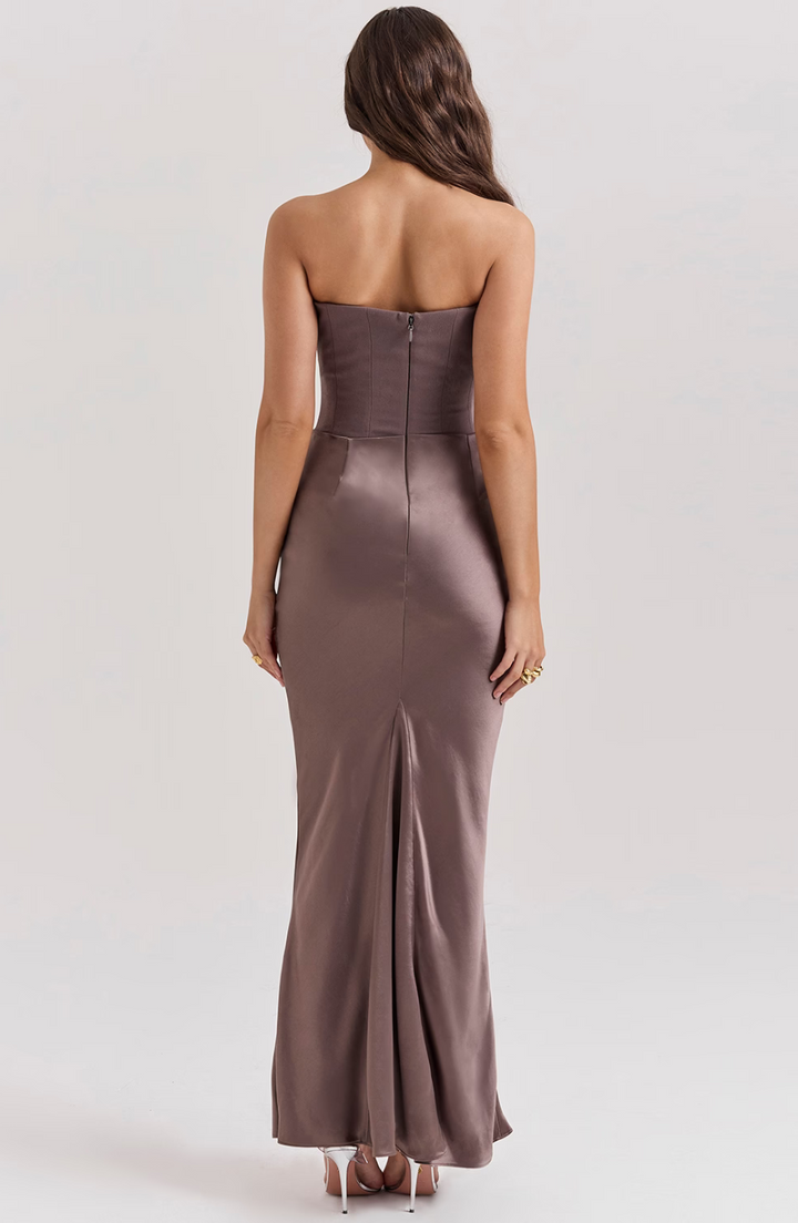 Avenzora | Wedding Guest Strapless Satin Maxi Dress with Draped Waist