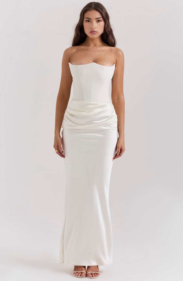 Avenzora | Wedding Guest Strapless Satin Maxi Dress with Draped Waist