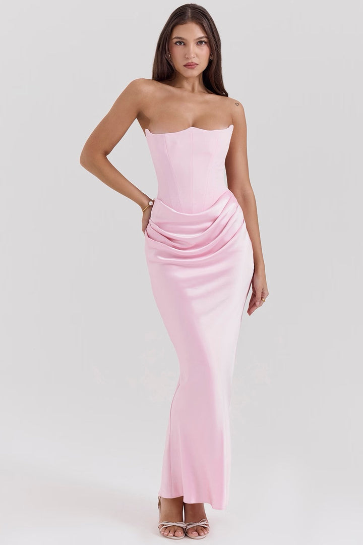 Avenzora | Wedding Guest Strapless Satin Maxi Dress with Draped Waist