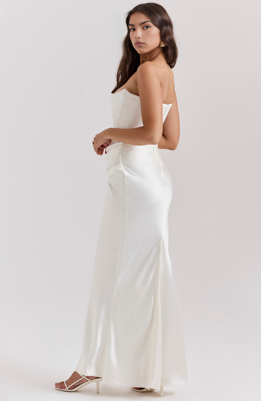Avenzora | Wedding Guest Strapless Satin Maxi Dress with Draped Waist