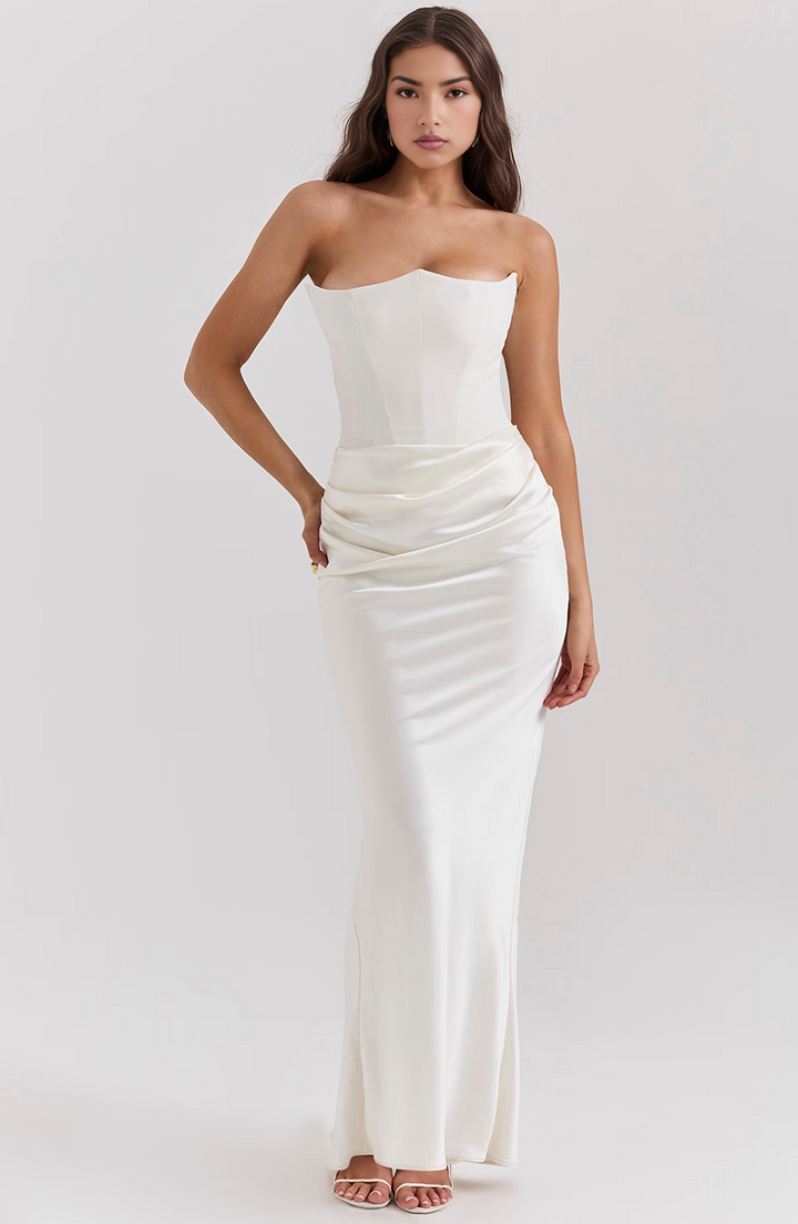 Avenzora | Wedding Guest Strapless Satin Maxi Dress with Draped Waist